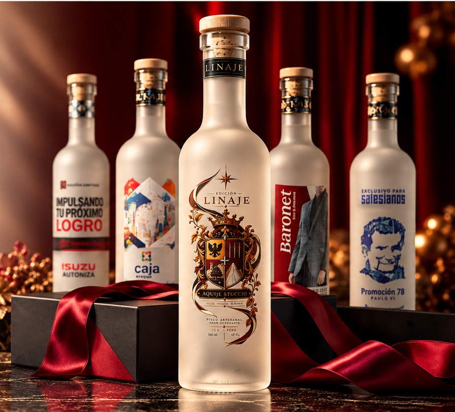 Composición cinematográfica de botellas de pisco personalizadas para regalos corporativos